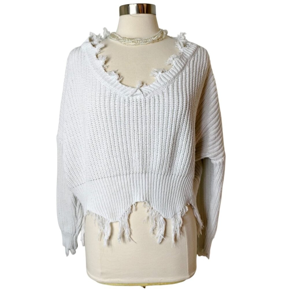 Womens Oversized Crop Sweater L White Distressed Frayed Edges HIp Hop Y2K Grunge